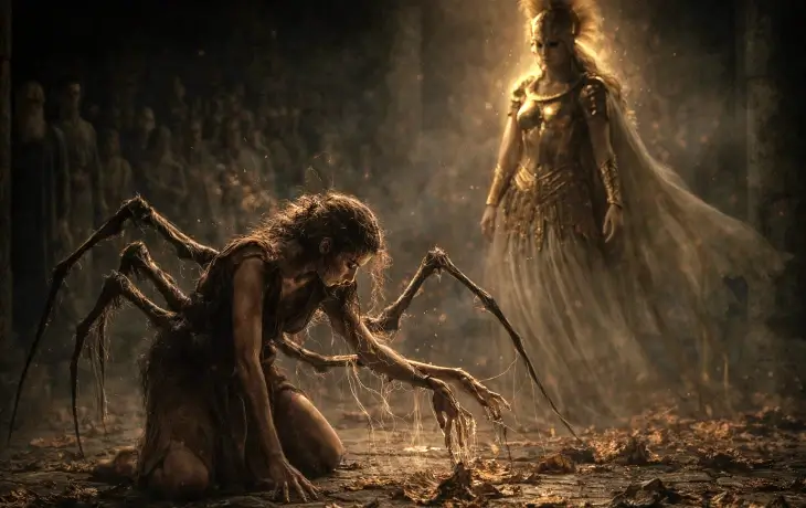 Arakne’nin Athena tarafından örümceğe dönüştürüldüğü ve dönüşümün başladığı an